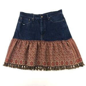 Levis upcycled western style denim tapestry fringe skirt Size 14-16